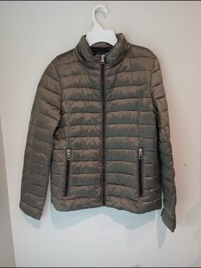 Mango Basics Quilted Puffer Jacket Women's Small S Metallic Taupe Full Zip Warm